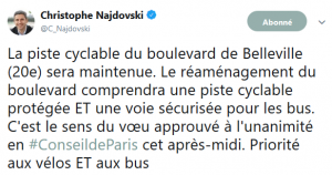 Tweet de Christophe Najdovski annonçant le maintien de la piste cyclable du boulevard de Belleville